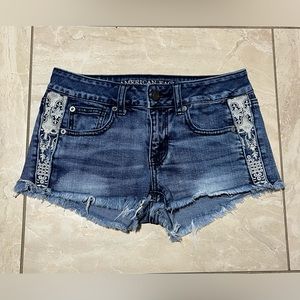 American Eagle Stretch Shortie Medium-wash Jean Shorts with Embroidery on sides